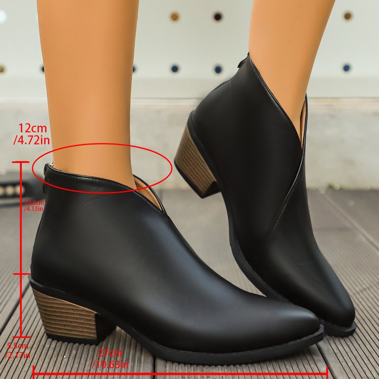 Women's Pointed Toe Ankle Boots - Chunky Heel Boots with Back Zipper