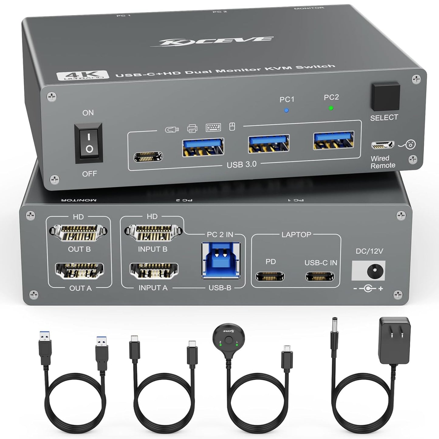 Dual-Monitor KVM Switcher - 2 Computer 2 Monitor USB 3.0 Type-C 4K@60Hz