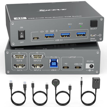 Dual-Monitor KVM Switcher - 2 Computer 2 Monitor USB 3.0 Type-C 4K@60Hz