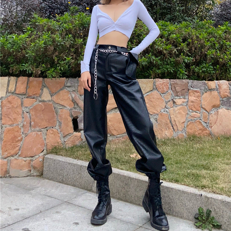 Black Textured Faux Leather Overalls - Urban Casual Pants for Women