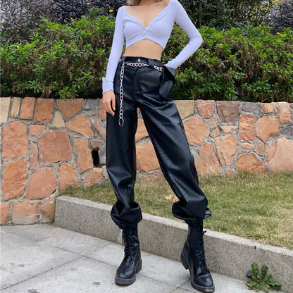 Black Textured Faux Leather Overalls - Urban Casual Pants for Women