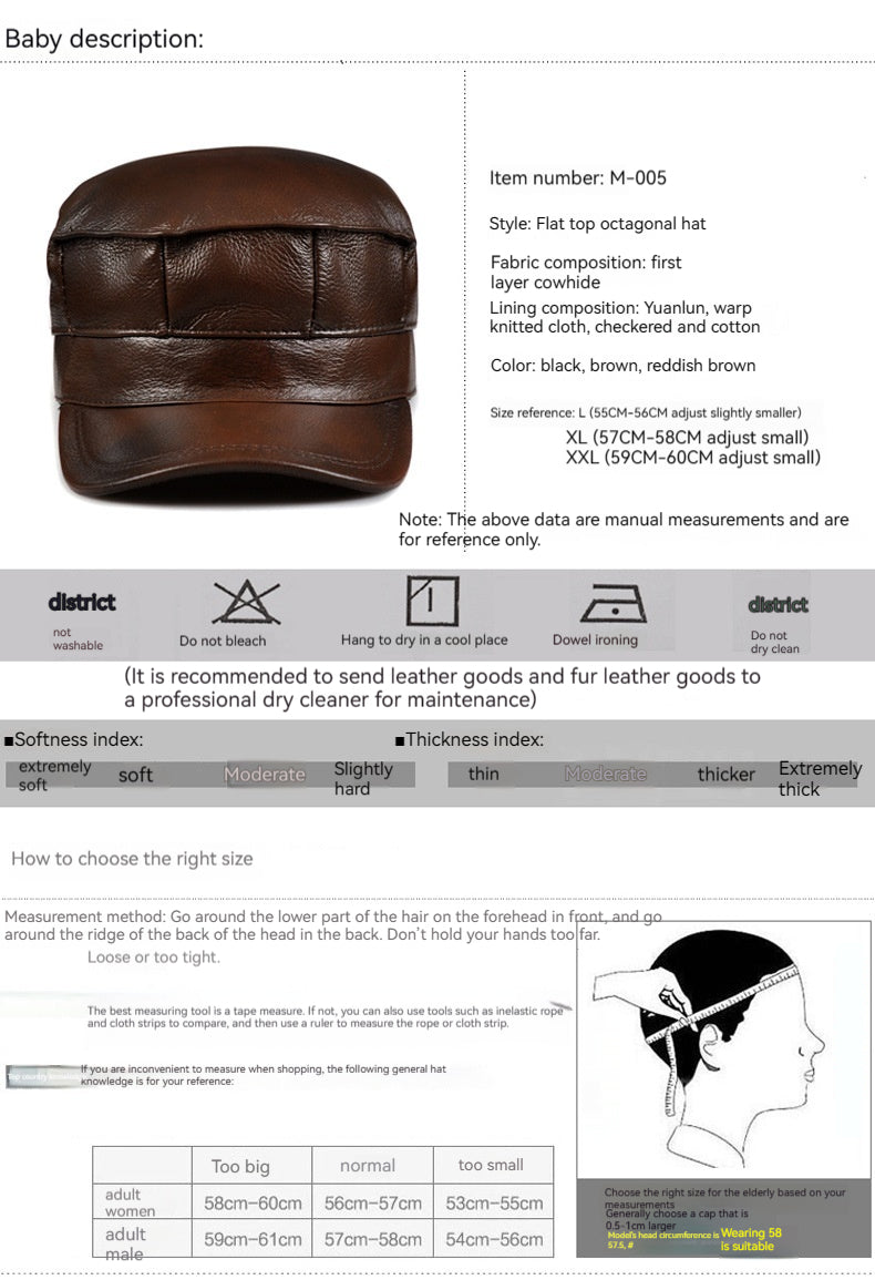 Men's Genuine Leather Octagonal Cap - Premium Cowhide Flat Top Hat