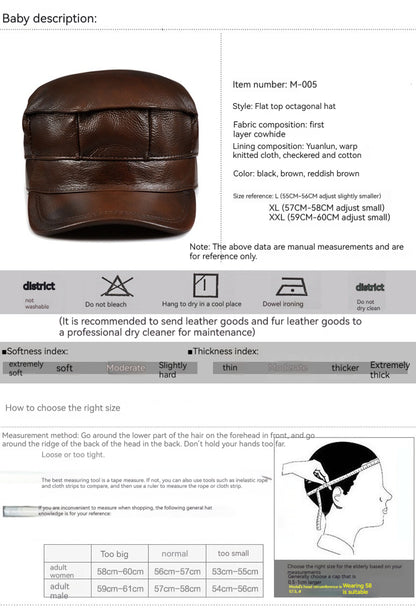 Men's Genuine Leather Octagonal Cap - Premium Cowhide Flat Top Hat