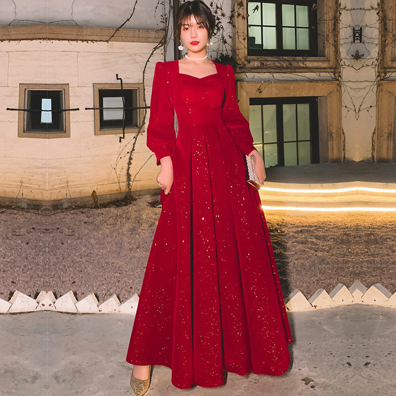 Women's Red Long-Sleeve Mid-Rise Evening Gown