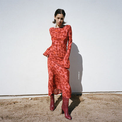 Luxe Silk Floral A-line Dress - Long Sleeve Midi Dress