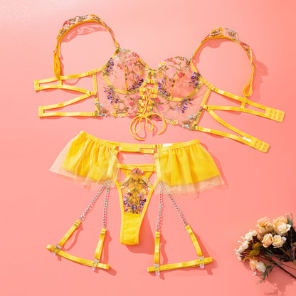 Women's Embroidery Lace Bra Set with Garter - Mesh Floral Lingerie Set