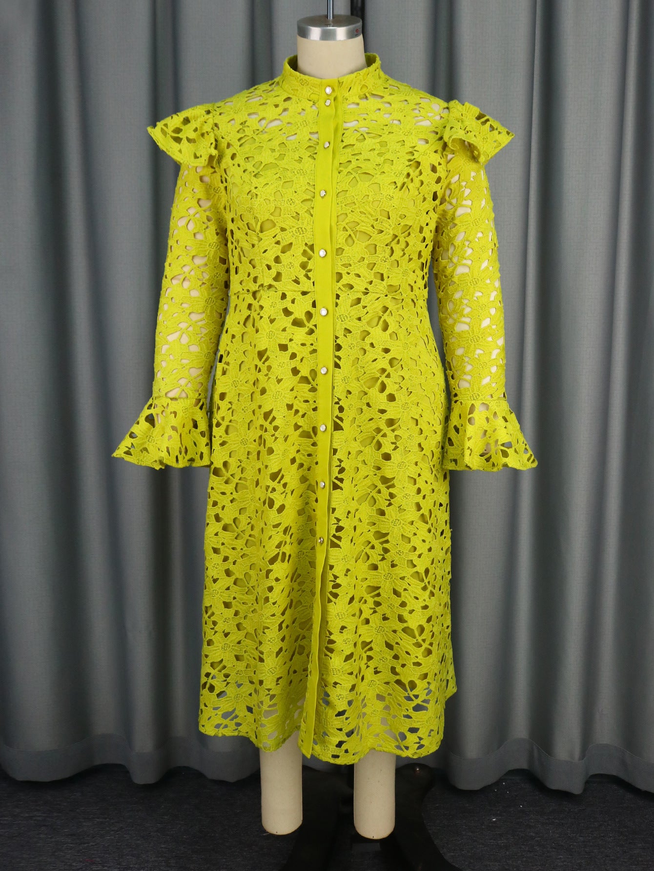 Women's Lace Bell Sleeve A-Line Midi Dress | Half Turtleneck Hollow-Out Cardigan