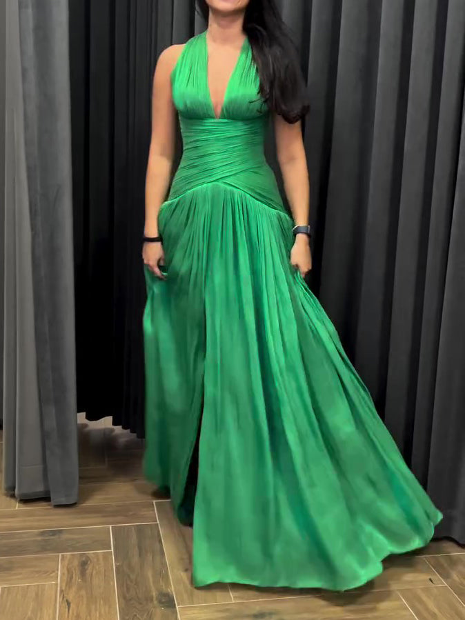 Women's Emerald Green Plunge-Neck Pleated Maxi Gown with Side Slit