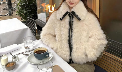Premium Wool Blend Lapel Jacket with Faux Leather Trim