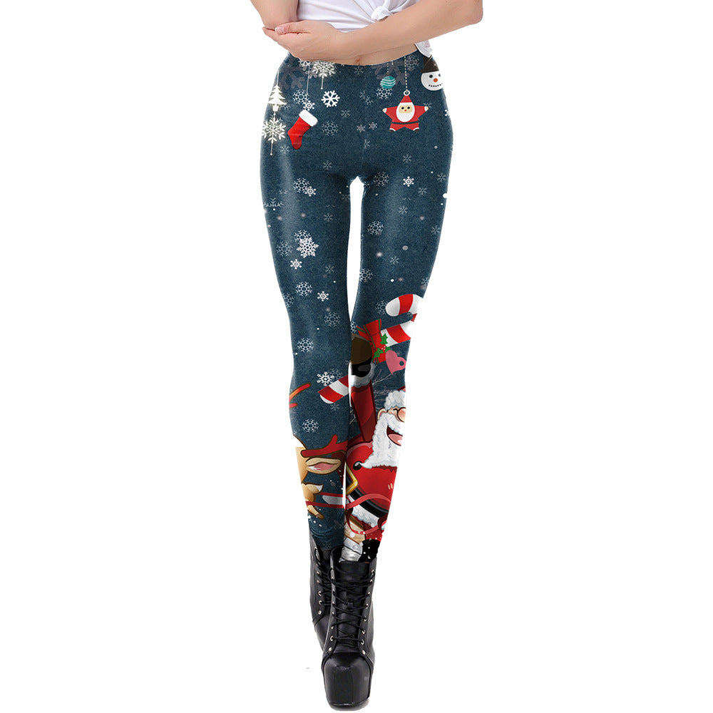 Women's Festive Print Stretch Leggings - Glossy Polyester Fitted Pants