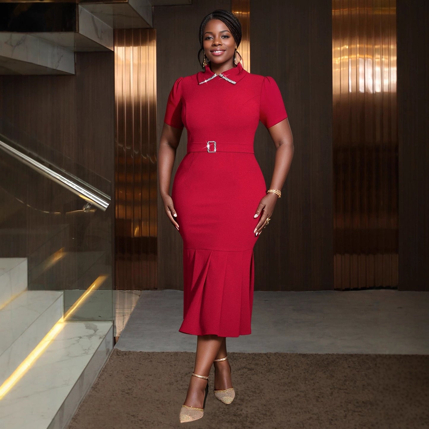 Women's Lapel Short Sleeve Midi Dress – Elegant High Waist Colorblock Bodycon