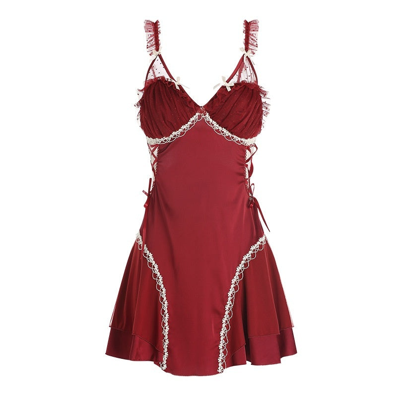 Women's Satin Lace Nightdress - Smooth Polyester Sleepwear with Deep V Neckline