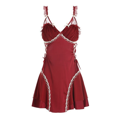 Women's Satin Lace Nightdress - Smooth Polyester Sleepwear with Deep V Neckline