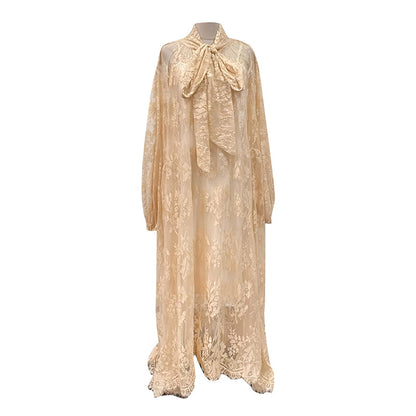 Women's Embroidered Long-Sleeve Loose Ruffle Maxi Dress — Apricot & Dark Coffee