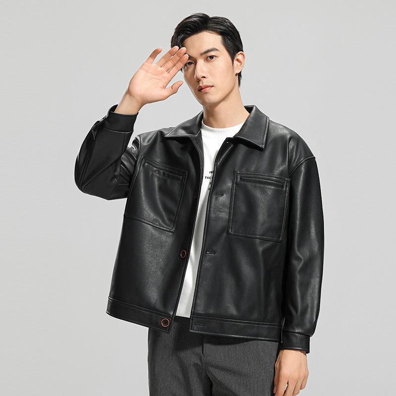 Men's Motorcycle Leather Jacket - Classic Lapel Zip-Up Outerwear