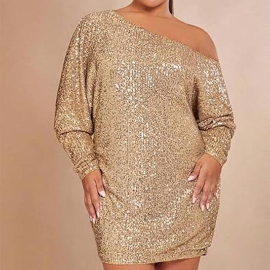 Sequined Off-Shoulder Shirt Dress - Short Sleeve Loose Pullover Long Dress