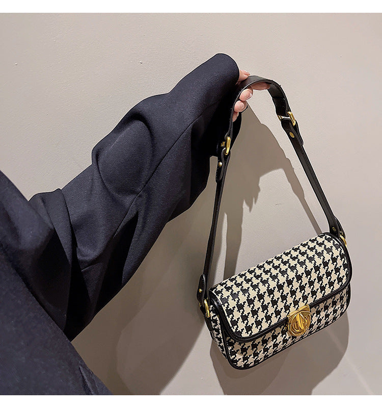 Houndstooth Canvas Baguette Bag - Underarm Shoulder Bag with Adjustable Strap
