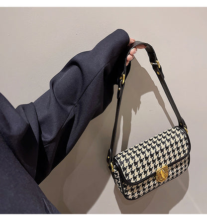 Houndstooth Canvas Baguette Bag - Underarm Shoulder Bag with Adjustable Strap