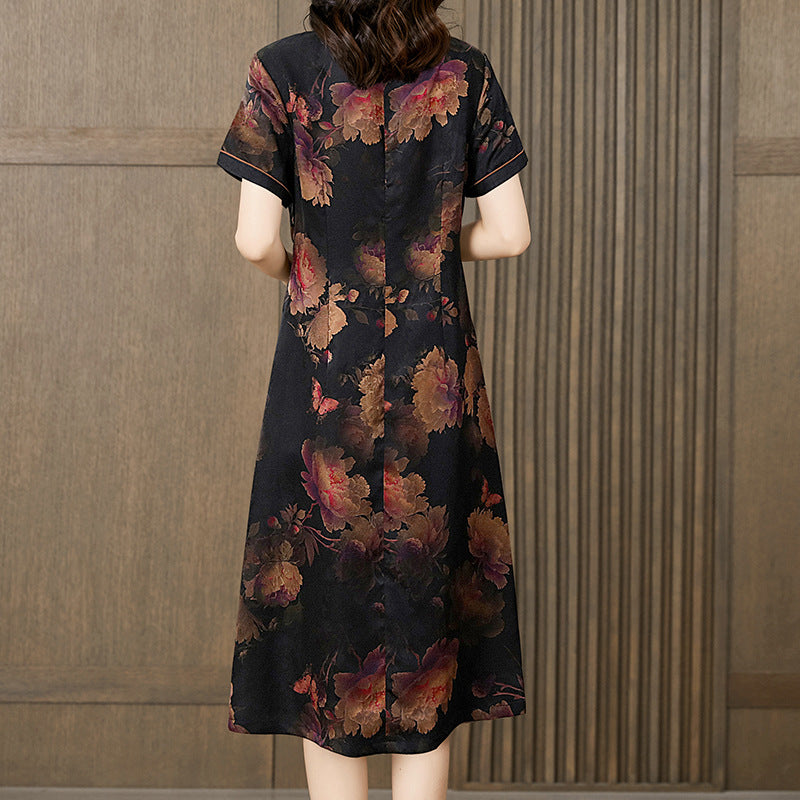 Women's Xiang Yun Satin Improved Cheongsam Dress - Art Retro Style with Floral Pattern