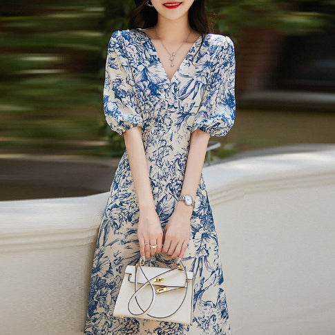 Chinese Style Heavyweight Silk Dress - Blue and White Porcelain Pattern