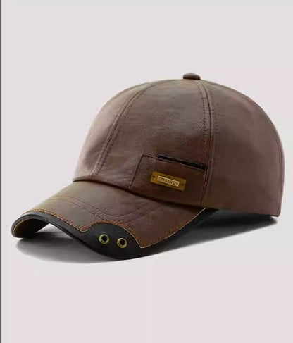 Winter Leather Fleece-Lined Baseball Cap - Warm Windproof Adjustable Hat