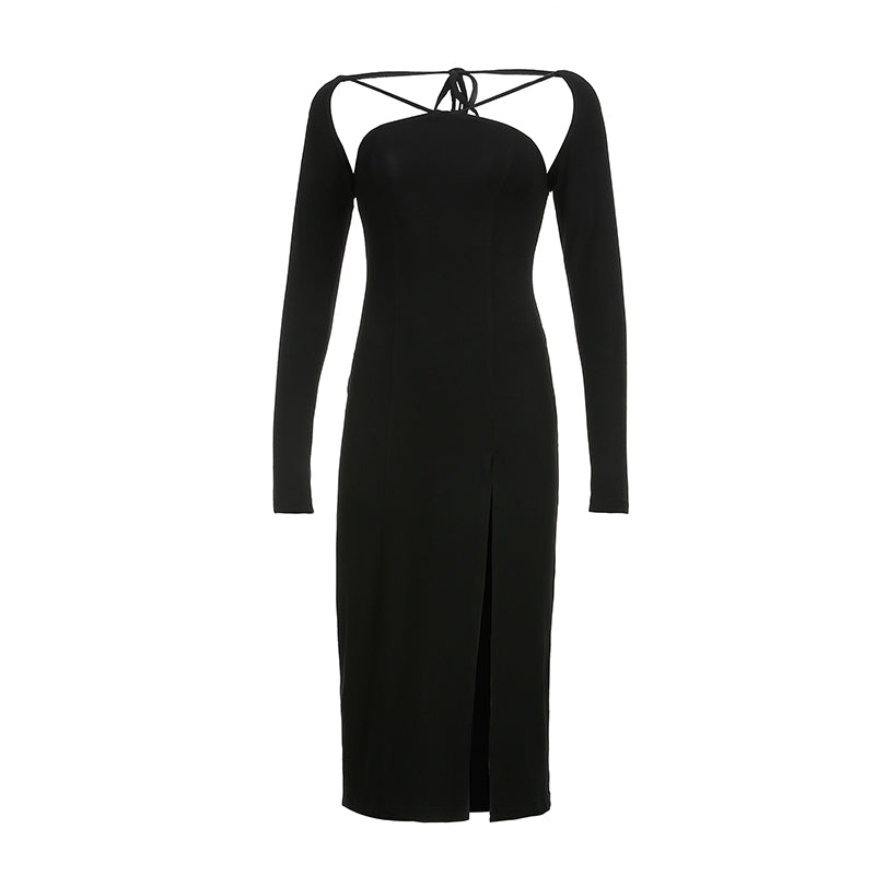 Women's Cross Strap Square Neck Slim Midi Dress - Backless Side Slit Dress