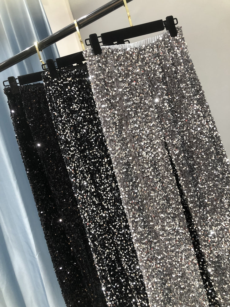 Women's Sequined High-Waist Wide Leg Pants - Korean Velvet Trousers