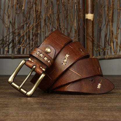 Washed-Out Vintage First Layer Cowhide Leather Belt - Genuine Leather Jeans Belt with Copper Pin Buckle