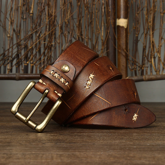 Washed-Out Vintage First Layer Cowhide Leather Belt - Genuine Leather Jeans Belt with Copper Pin Buckle