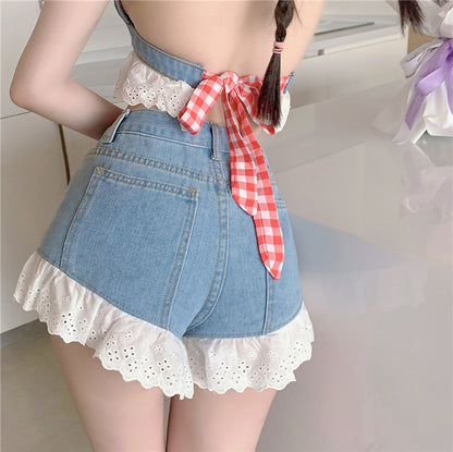 Women's Summer Beach Denim Suit - Sweet Plaid Lace Patchwork Two-Piece Set