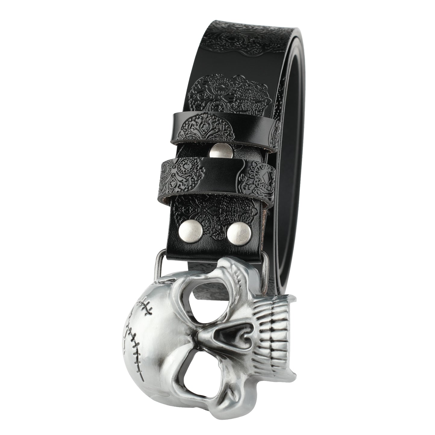 Men's Second-Layer Cowhide Leather Belt - Embossed Ghost Head Design with Skull Pin Buckle