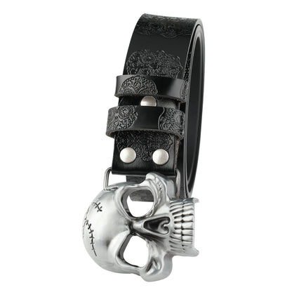 Men's Second-Layer Cowhide Leather Belt - Embossed Ghost Head Design with Skull Pin Buckle