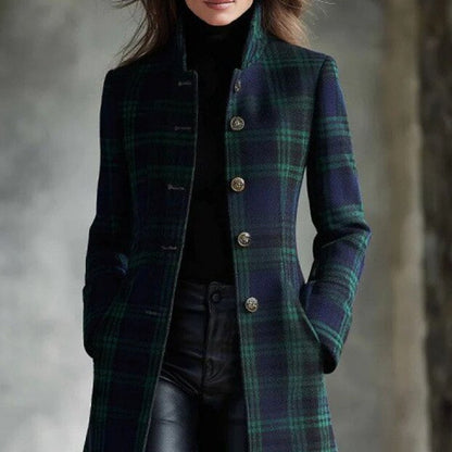 Women's Single-Breasted Plaid Long Sleeve Cardigan Coat - Long Jacket