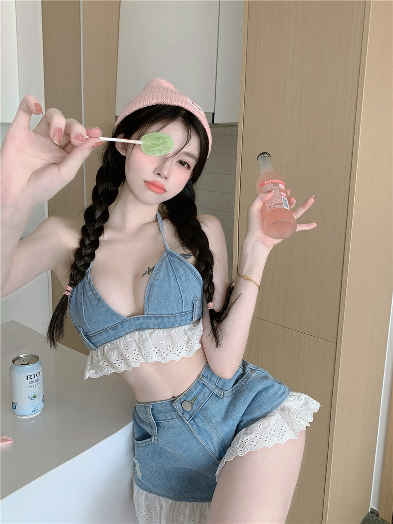 Women's Summer Beach Denim Suit - Sweet Plaid Lace Patchwork Two-Piece Set