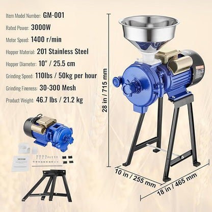 Commercial Grain Mill - 3000W Dry and Wet Corn Grinder for Spices, Coffee, Herbs
