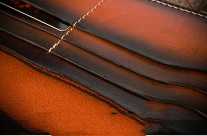 Men's Cowhide Leather Embossed Wallet - Long Bifold with Zipper Closure and Artistic Designs