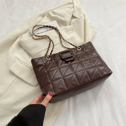 Quilted Chain Shoulder Bag - Trapezoid PU Leather Crossbody with Diamond Pattern