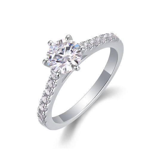 1 Carat Moissanite Sterling Silver Ring - Platinum Plated Wedding Band
