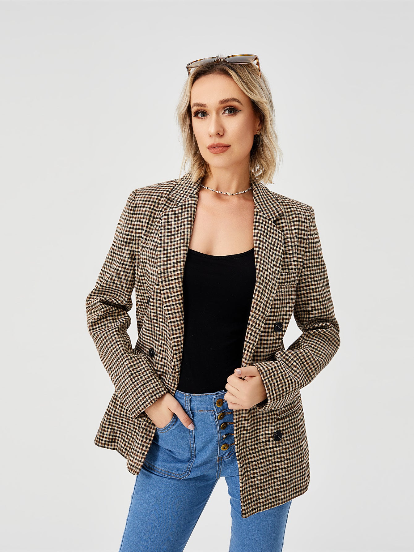 Women's Double Breasted Blazer - Long Sleeve Work Office Jacket