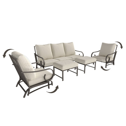 5-Piece Outdoor Patio Furniture Set | 3-Seat Sofa, 2 Rocking Armchairs & 2 Ottomans | Beige