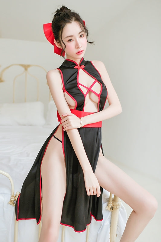 Backless Cheongsam Nightgown - Satin Sleepwear Dress with Round Neck