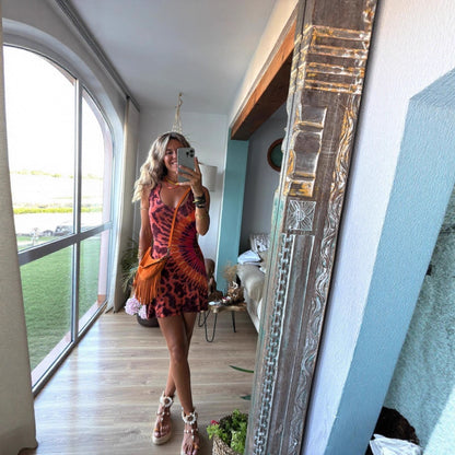 Positioning Print Strappy Backless Cross Dress - High Waist Sleeveless Short Dress