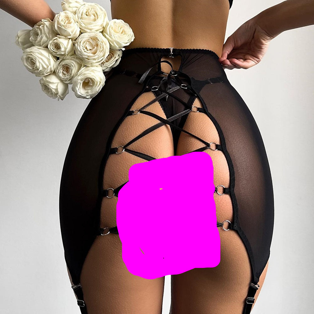 Women's Strappy Mesh Lingerie Set - Four-Piece Intimate Apparel Collection