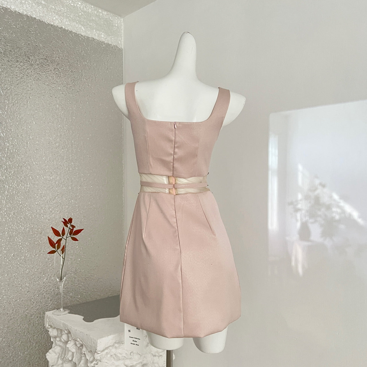 Women's Sleeveless Rhinestone Collar Bow Waist Cocktail Dress – Blush Pink Bridesmaid Gown