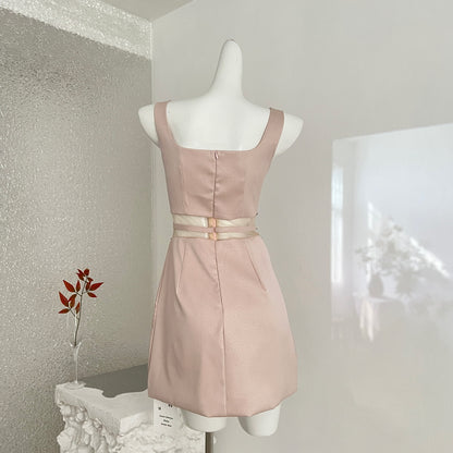 Women's Sleeveless Rhinestone Collar Bow Waist Cocktail Dress – Blush Pink Bridesmaid Gown