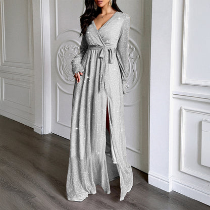 Women's Elegant Polka Dot Long-Sleeve Maxi Dress - A-Line Casual Dress