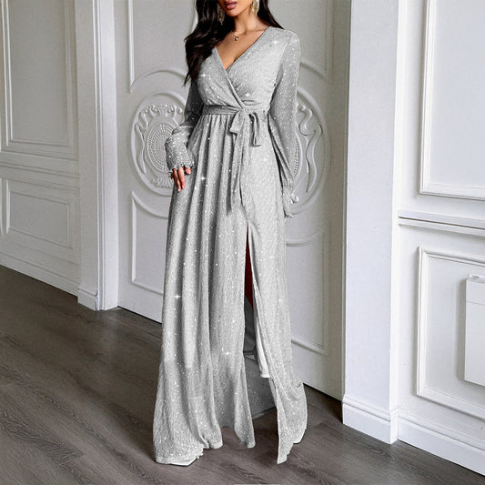 Women's Elegant Polka Dot Long-Sleeve Maxi Dress - A-Line Casual Dress
