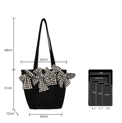 Nylon Plaid Tote Bag - Large Capacity Shopping Bag with Bow Detail