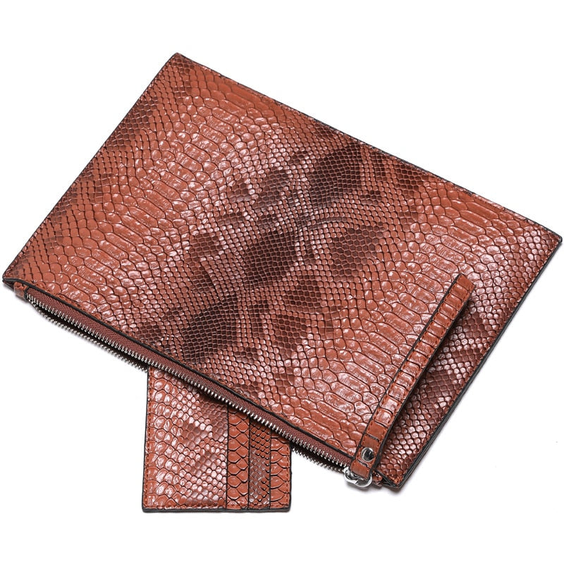 Crocodile Embossed Envelope Clutch - Vegan Leather Handbag with Zipper Closure