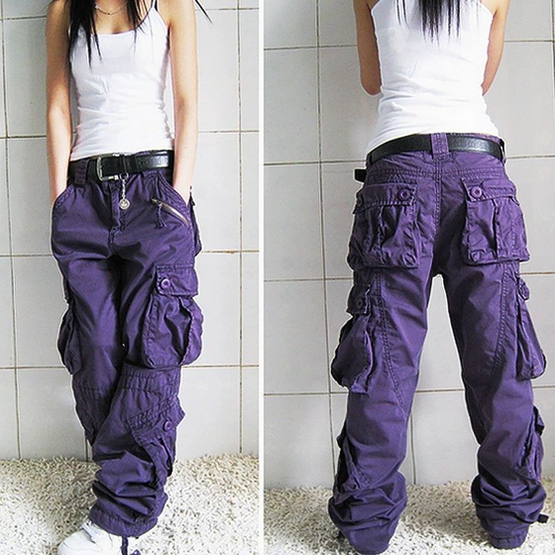 Women's Cotton Blend Cargo Pants - Loose Fit Wide Leg Trousers